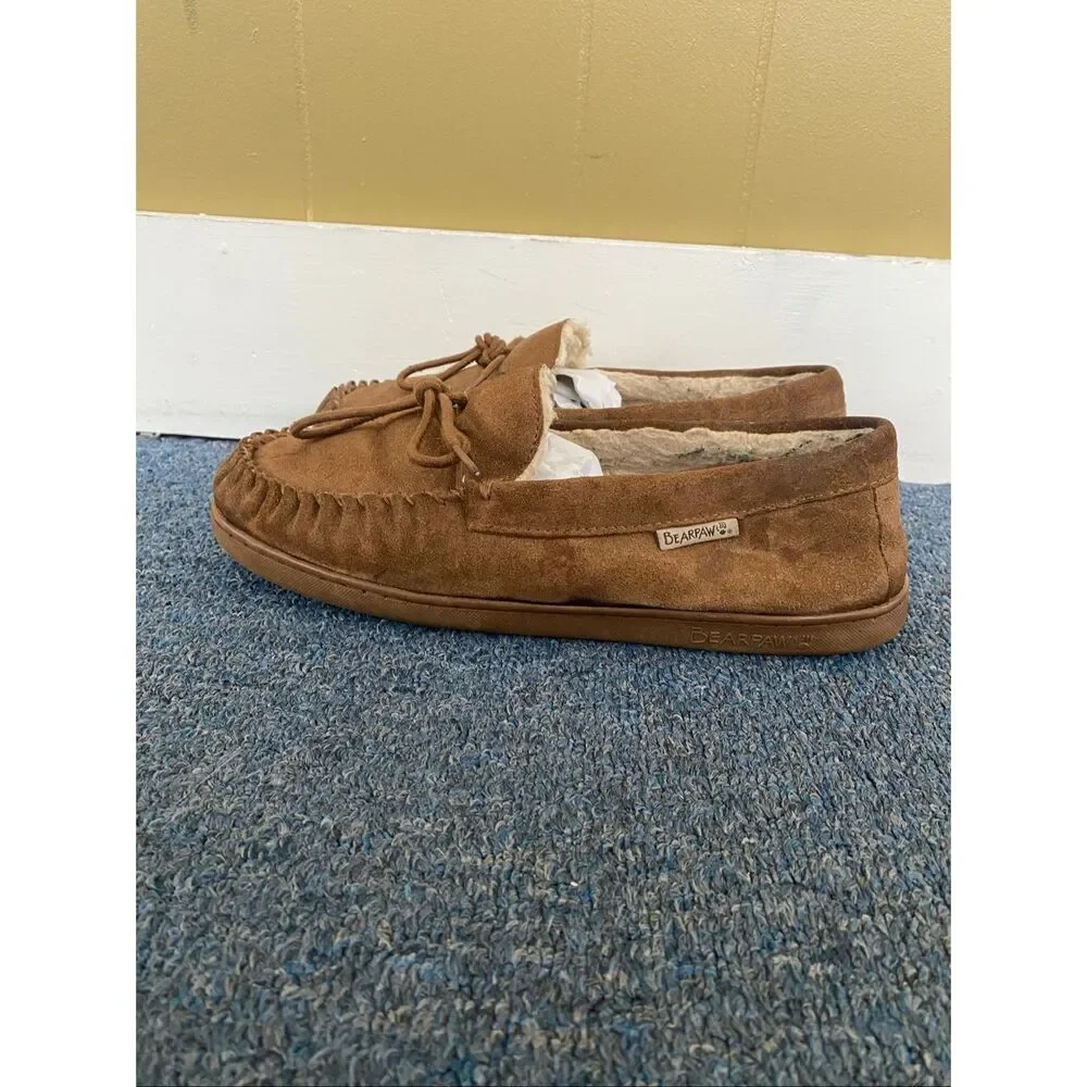 Bearpaw men 13 slip on suede moccasins w/tie laces tan